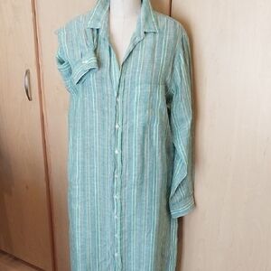Frand and Eileen Linen Green Striped Button-Up Shirt Dress Size Large